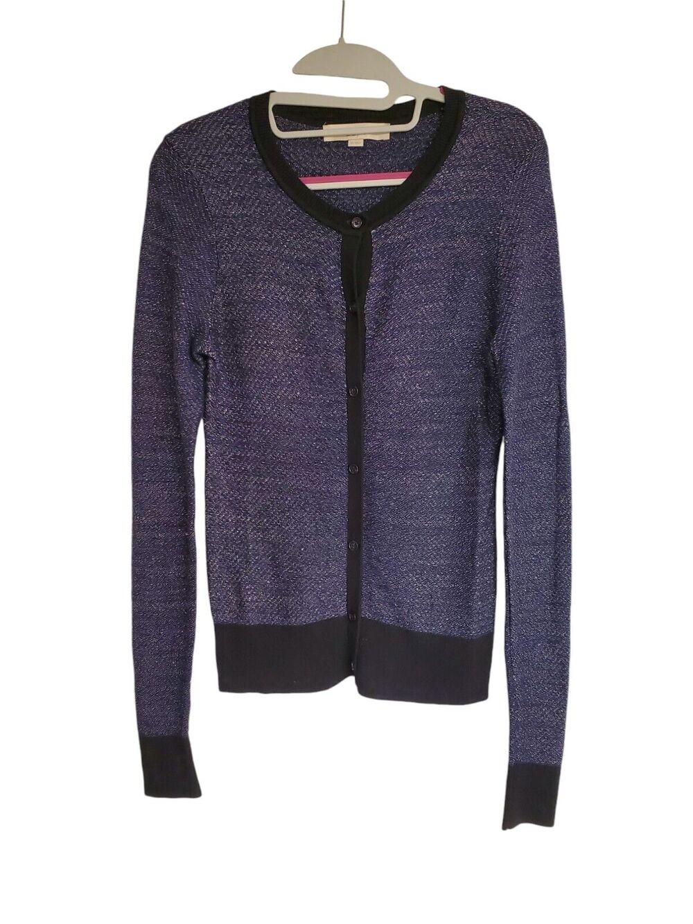 Women's LOFT Blue Silver Black Shimmer Sweater Button Up Cardigan | Size XS